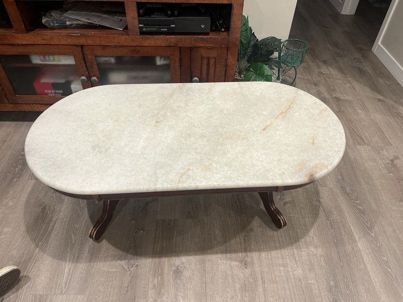 Vintage Marble-Top Coffee Table – Solid Wood Base, White Marble, Mid-Century