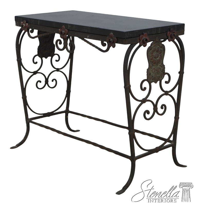 72387: Vintage Wrought Iron Base Marble Top Side Table