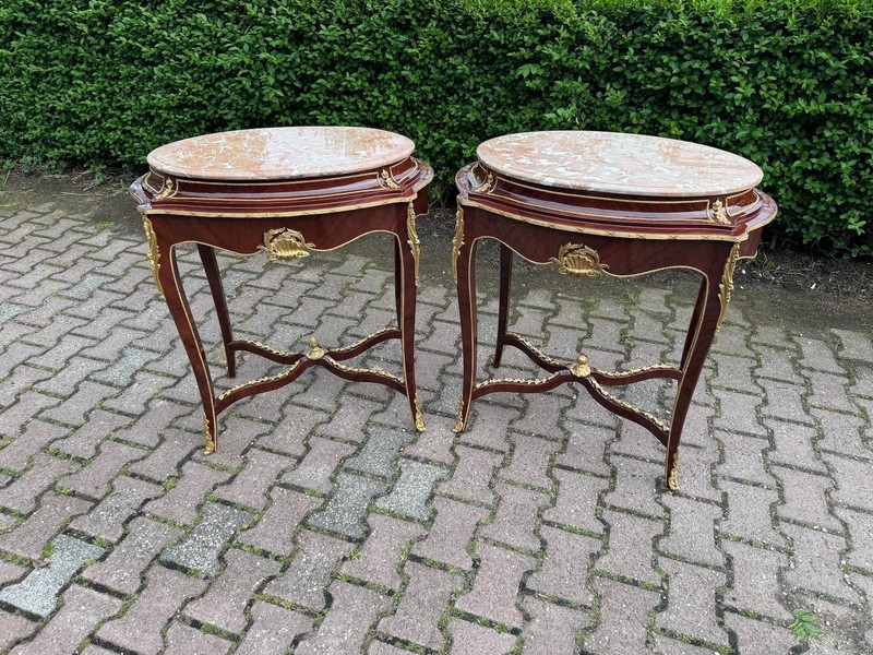 Side Tables French Louis XVI Early 20th C Mahogany Bronze Pink Marble Pair