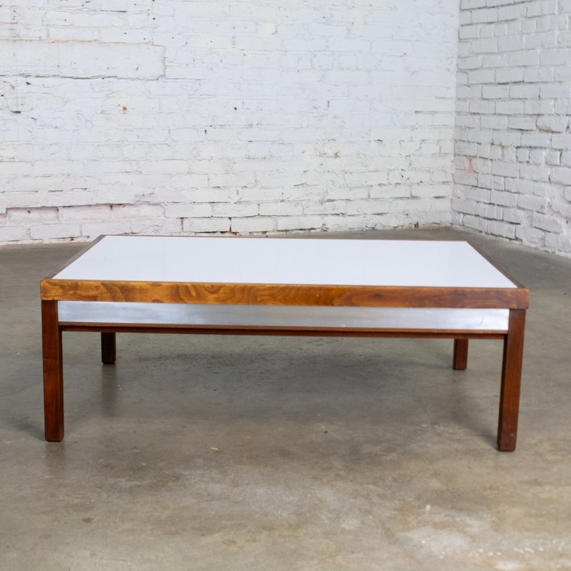 Mid-20th MCM Coffee or End Table Rectangular Walnut Frame & White Laminate Top gallery