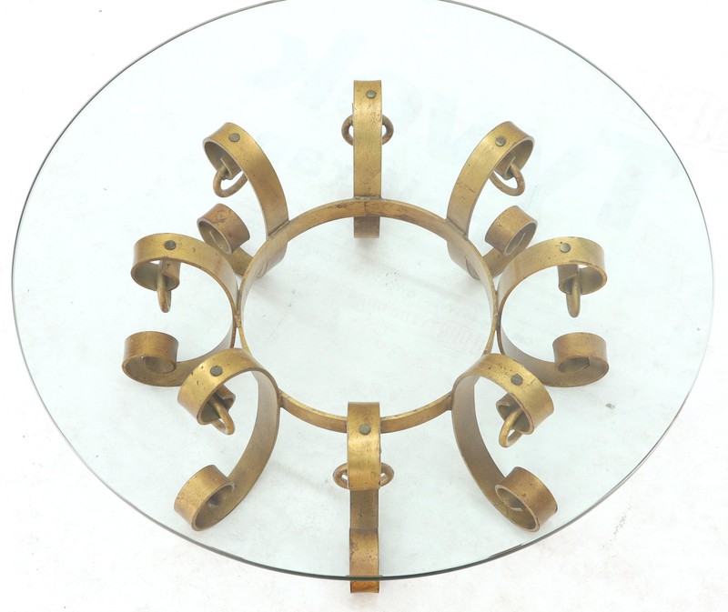 Round Decorative Gilt Wrought Iron Base Glass Top Sunburst Coffee Table MINT! gallery