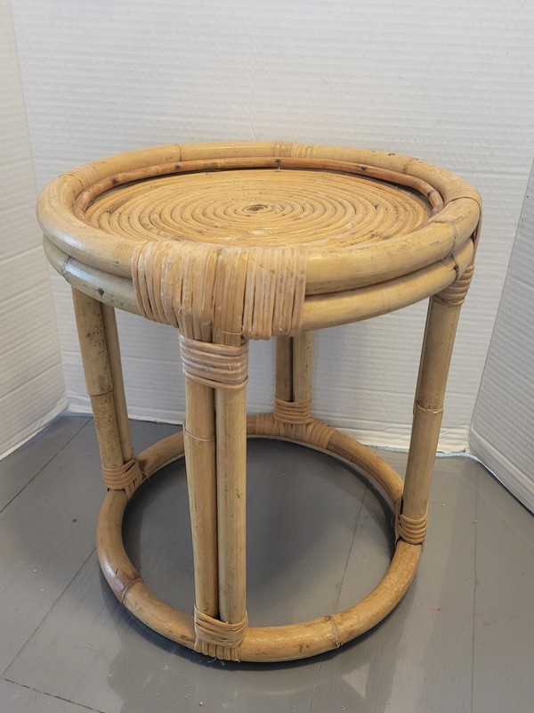 Vintage Rattan Round Side Table, Boho Plant Stand Stool Mid Century