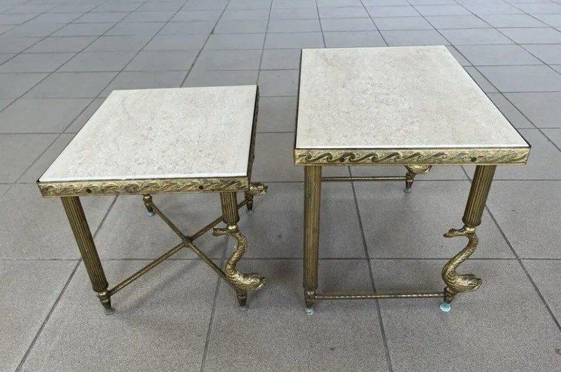 MAGNIFICENT HOLLYWOOD REGENCY BRASS & STONE TOP NESTNG TABLES WITH DOLPHNS 2 PCS gallery