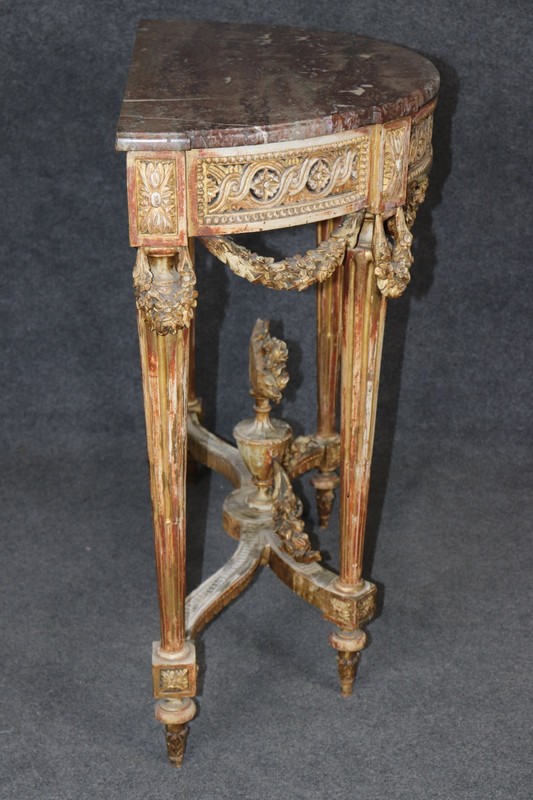 19th Century French Louis XVI Style Distressed Demilune Marble Top Console Table gallery