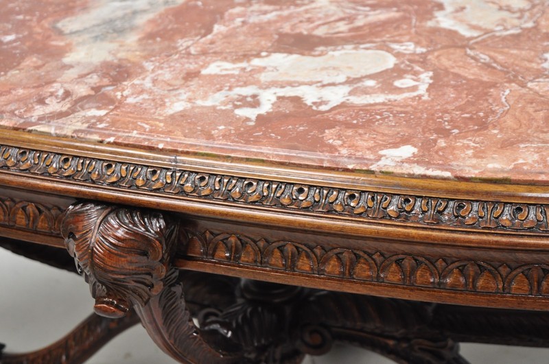 Antique Grosfeld House French Regency Plume Carved Mahogany Marble Coffee Table gallery