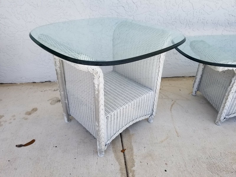 LLOYD FLANDERS Loom Wicker Side Tables w Glass Vintage Set Of 2 gallery