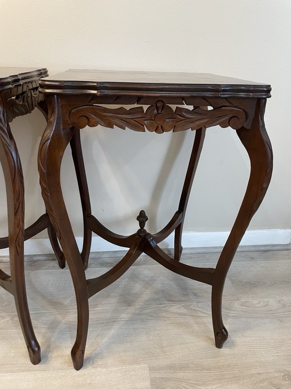 VTG Pair Italian Marquetry Inlaid Side End Tables Carved Wood Lamp Tables 1940s gallery