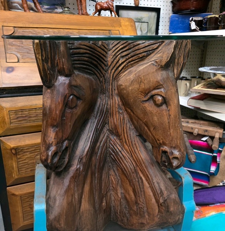 Antique Carved Horse Head Wood Accent Table with Glass Top