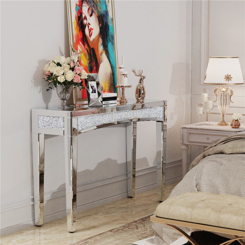 Dazzling Mirrored Console Table Silver Crushed Diamond Vanity Entryway Table Dec gallery