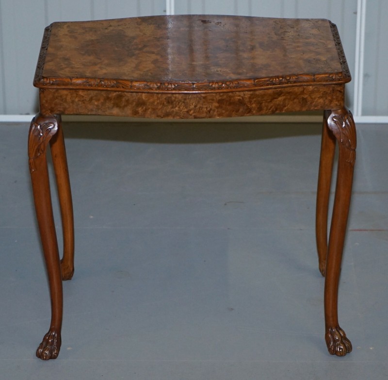 STUNNING VINTAGE BURR WALNUT SIDE LAMP TABLE ORNATELY CARVED FRAME LION FEET gallery