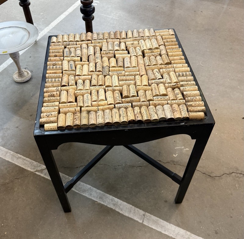 Antique Brown Oak End Table With Cork Top Signed On Bottom From Grand Rapids ￼ gallery
