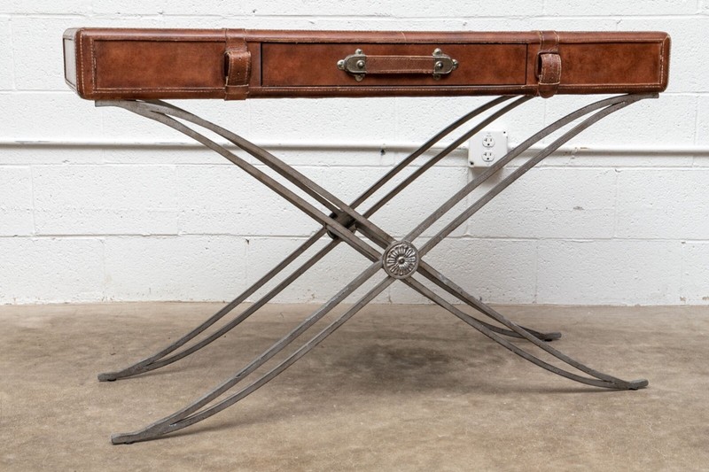 Vintage Leather Luggage Form Accent Table With Spayed Iron Base