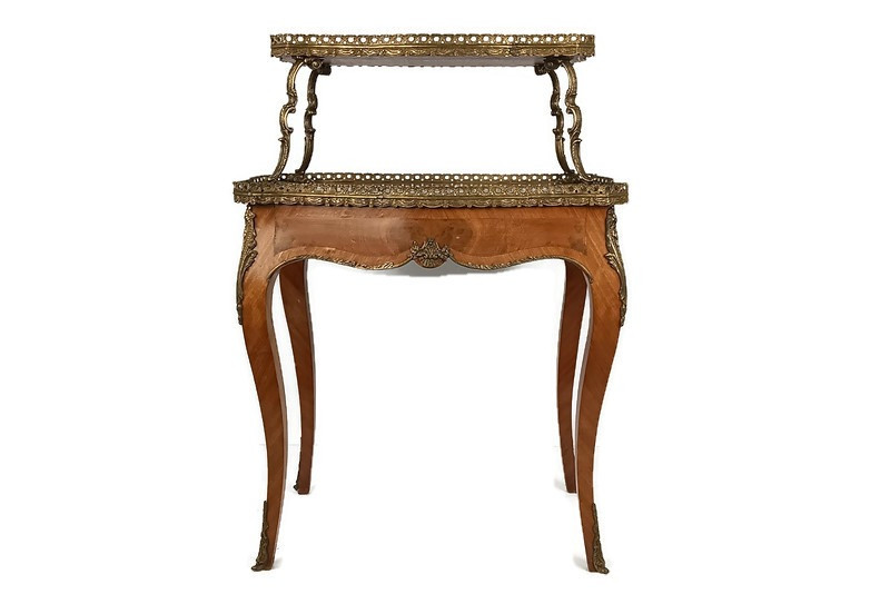 Two tier marquetry table Wood brass trims over tier Hollywood regency WOW