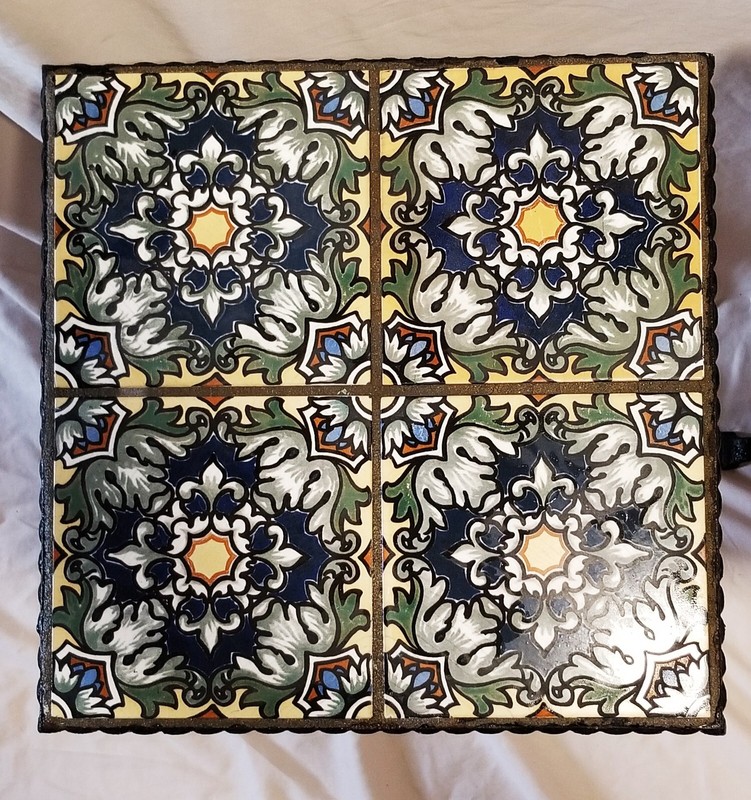 PAIR Antique Arts & Crafts Catalina Tile Top Wrought Iron Tables 19" x 12.5" gallery