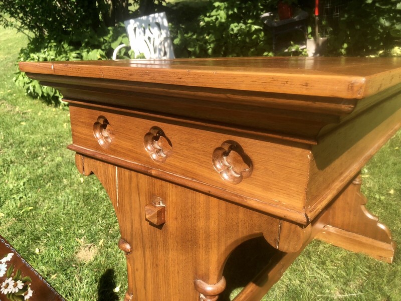 Rare Antique Table Deacons Mission Oak Trestle Library Carved 48” Long 26” Wide gallery