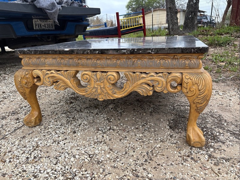 Baroque Style Marble Top Coffee Table with Ornate Carved Wood gallery