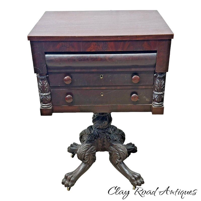 Antique Empire Work Table Sewing Stand 1820 Heavily Carved Paw Feet federal