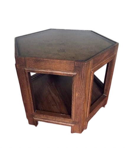 Vintage Wood Hexagon Side End Table Two Tiered Glass Top & Parquet Design