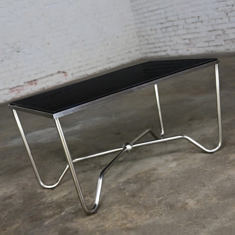 Late 20th Century Modern Brushed Steel Tube Coffee Table with Removeable Black G