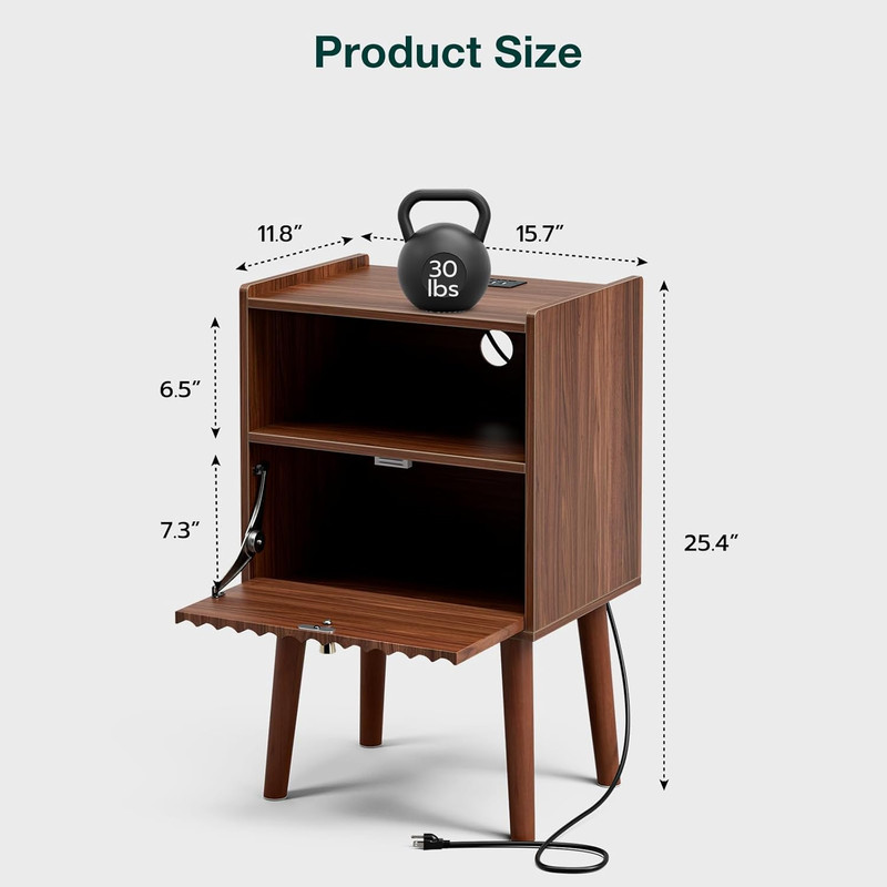 Mid Century Modern Side Table with Charging Station, Tall End Table with Fluted gallery