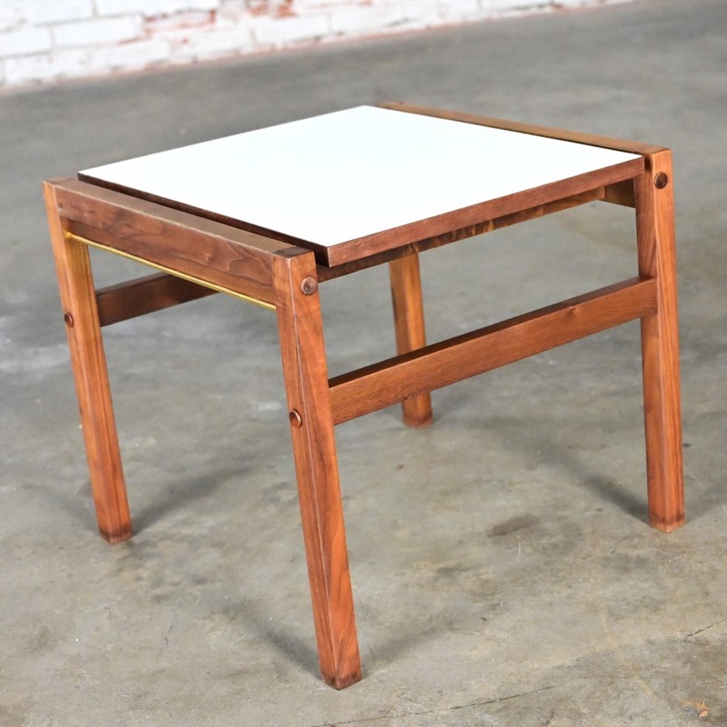 Mid Century Modern Small Square Side Table Teak with White Laminate Top gallery