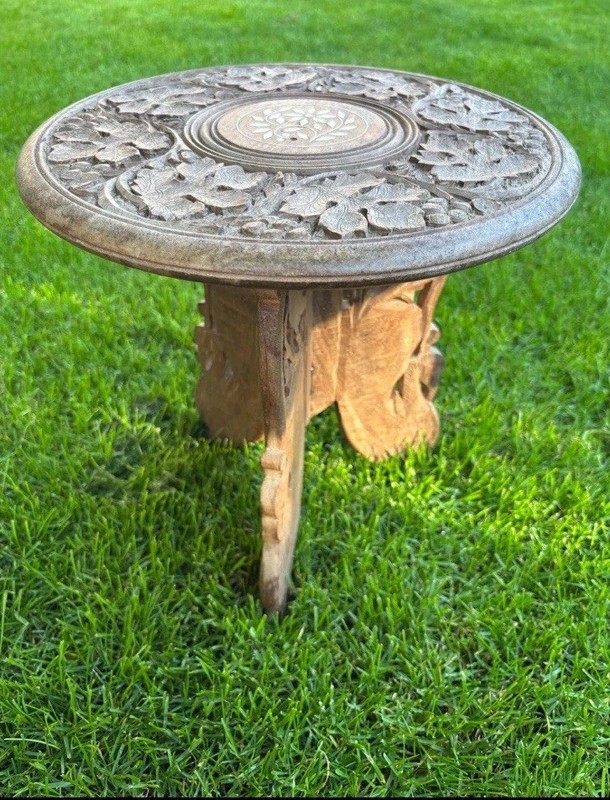 Antique Indian carved teak Hoshaipur Low side lamp table Offering Table