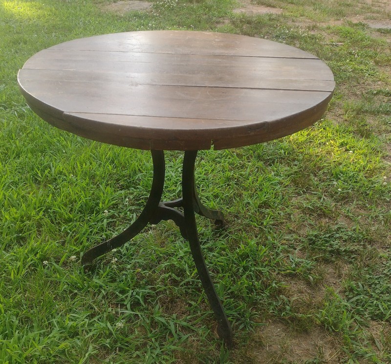 Antique Industrial Iron Table Tri-Pod Base Round Wooden Top Old Tavern Table gallery