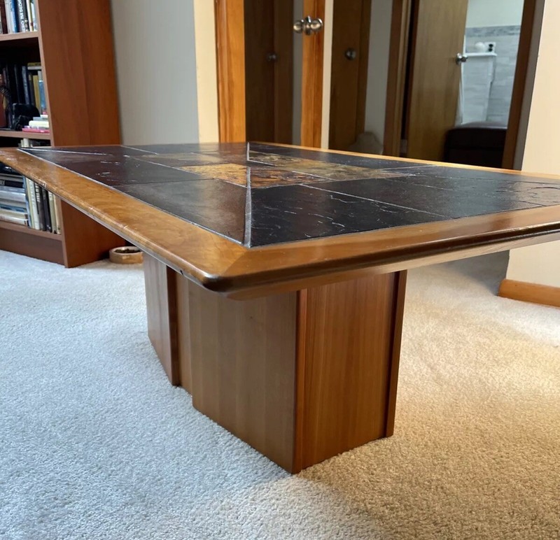 60’s Mid Century Modern Teak Walnut Original Custom Slate Inlays Coffee Table gallery