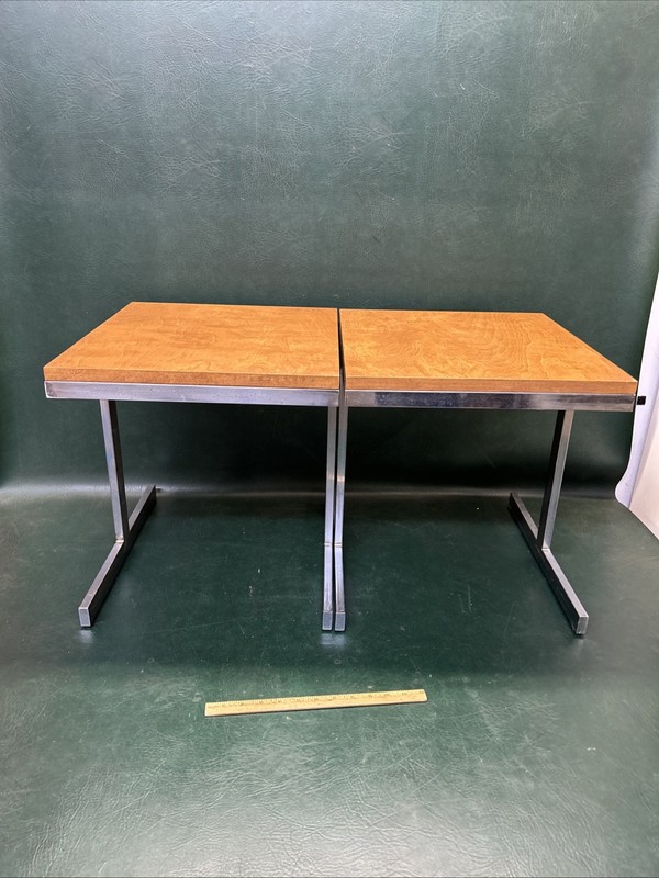 PAIR OF Mid Century Modern Side Chrome & Wood Top Tables 16″ X 17″ X 17″ Tall