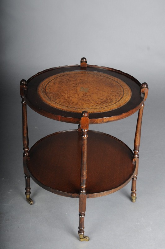 Round Side Table England 20th Century, Wooden Table With Leather Top & 4 Casters gallery