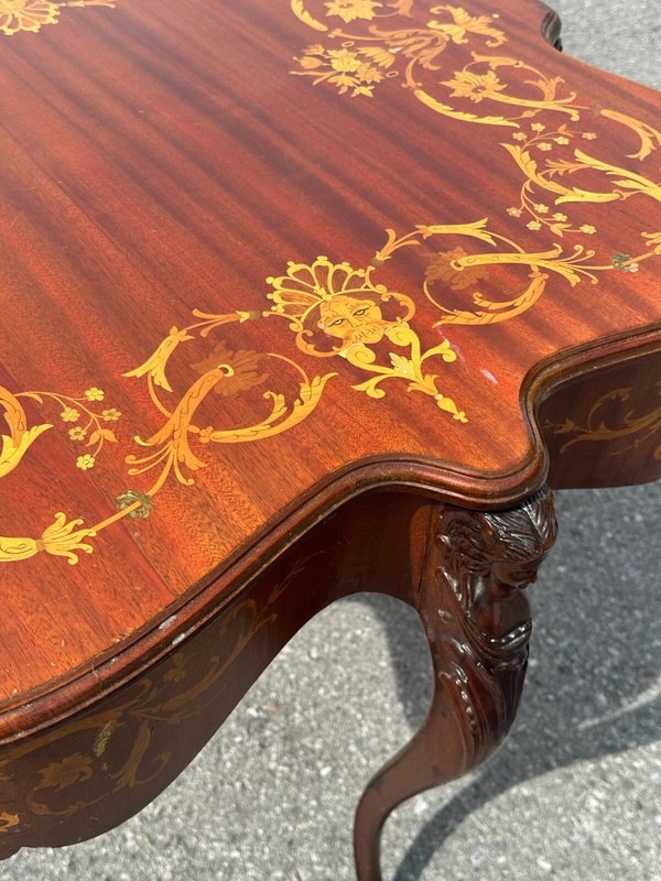 Antique Horner Style Inlaid Parlor Table Victorian Figural Carved 1890 gallery