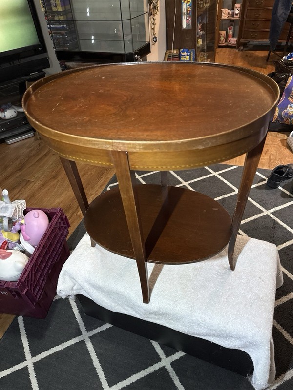 VINTAGE MERSMAN SIDE TABLE WITH STRIPE DESIGN AROUND THE TABLE, 26”X 22.75” X 16 gallery