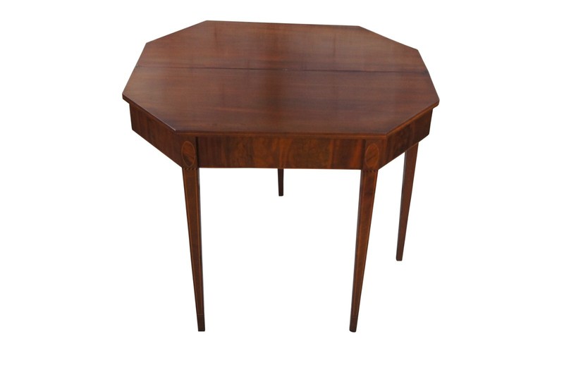 Antique Sheraton Mahogany Inlaid Octagonal Flip Top Game Card Tea Console Table gallery