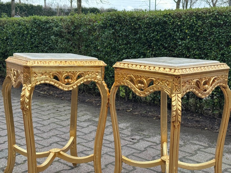 Side Tables French Louis XVI Gold Beech Italian Marble 1970 Accent Pair 2 Pcs gallery