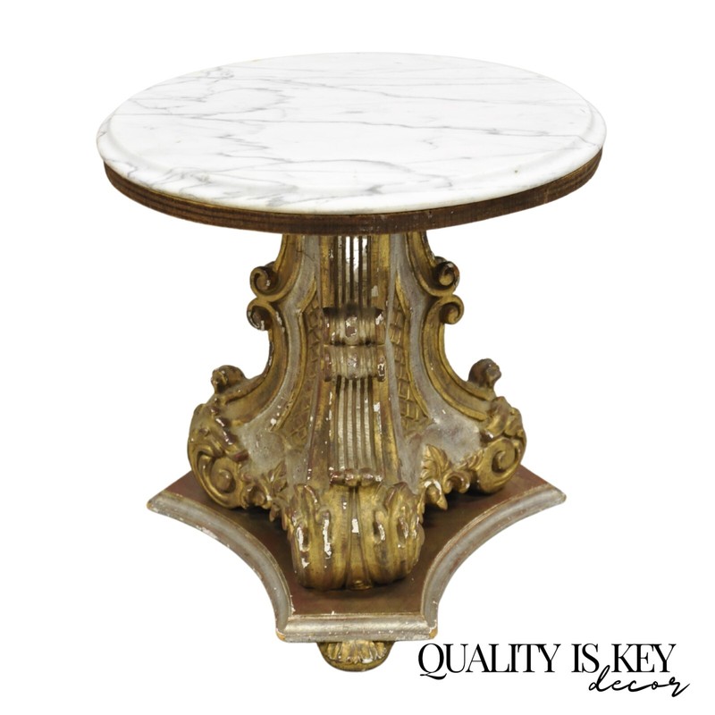 Italian Regency Florentine Carved Wood 18″ Round Marble Top Pedestal Side Table