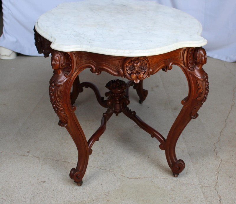 Antique Victorian Walnut Marble top Table – carved flowers in urn gallery