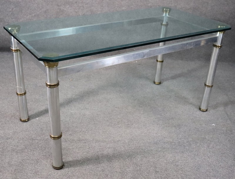 Attributed John Vesey Brass and Glass Metal Dining Table with Beveled Glass Top