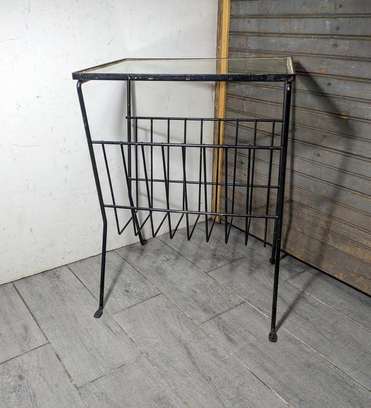 Vintage Mid Century Modern Black Wrought Iron Glass Table with Magazine Rack gallery