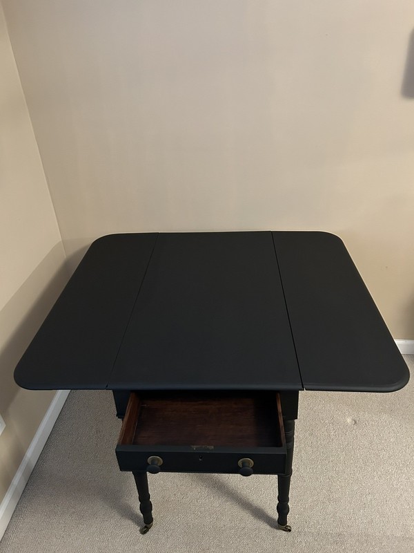 1890s Antique George 111 Sheraton (Matte Black) Drop Leaf Table on Brass Casters gallery