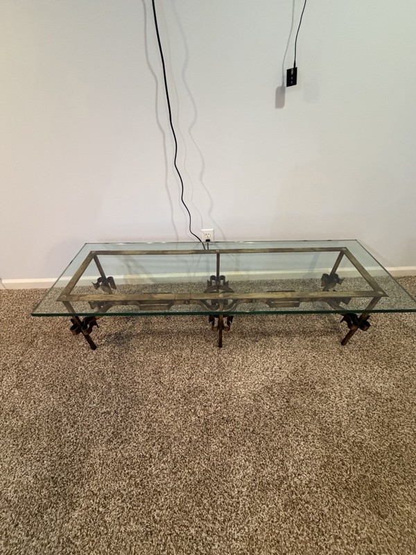 Century Gilt Wrought Iron Coffee Table Glass Top Hollywood Regency 1950s gallery