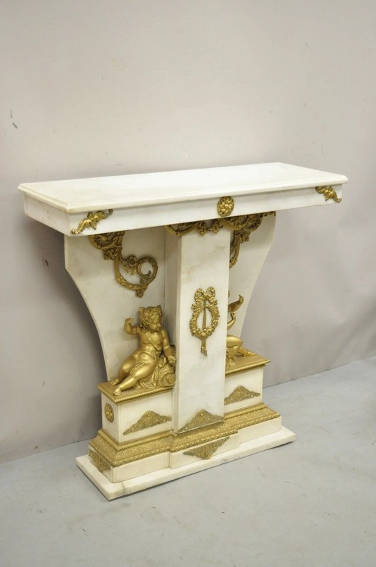 French Louis XV Style Marble & Figural Bronze Ormolu Console Table w/ Cherubs gallery