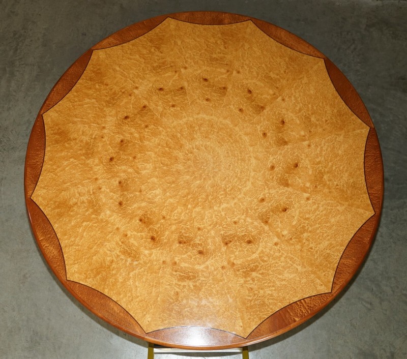 ORIGINAL ANDREW VARAH BURR WALNUT & AMBOYNA WOOD ROUND DINING TABLE & CHAIRS SET gallery
