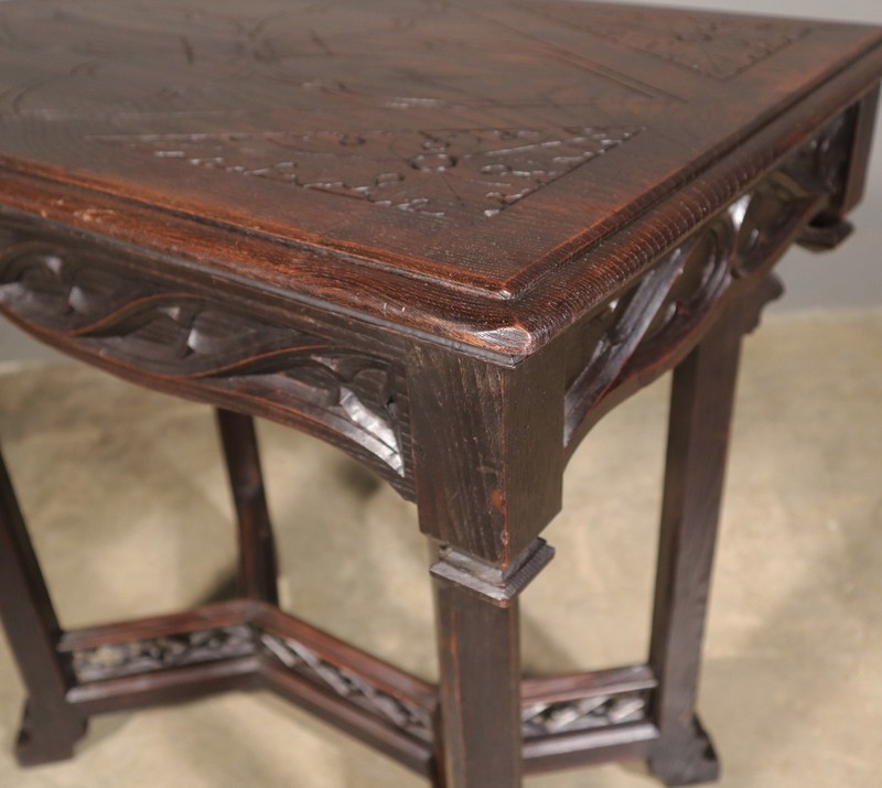 Antique French Gothic Revival Table in Solid Chestnut Wood With Carvings gallery