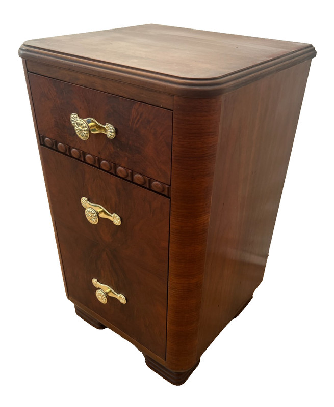 Art Deco Side Table, Nightstand, Chest of Three Drawers, Walnut, Brass Pulls