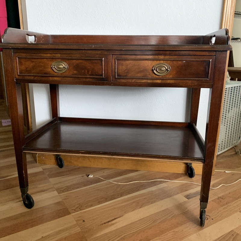 VTG 1930 Grand Rapids Hand Carved Solid Mahogany Wood 38" Serving Table on Wheel gallery