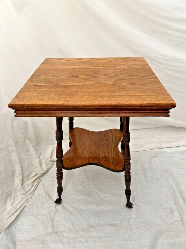 Antique Victorian Table bottom shelf Oak Carved legs Glass Ball Claw feet gallery