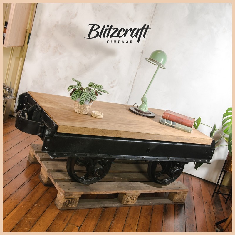 Mining Cart Table 1920s Decauville Industrial Train Coffee Table Oak Top Wheels gallery