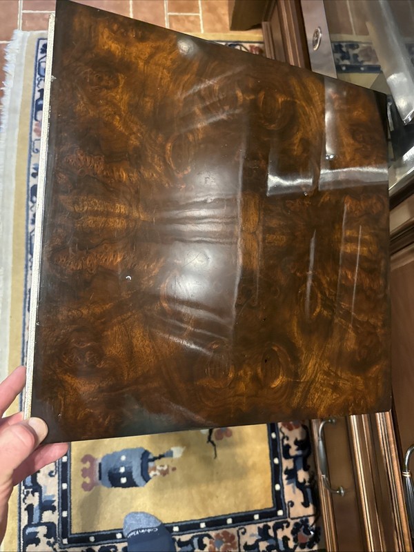 Designer Burl Wood Walnut Side Table Gold Gilt Pedestal Base Art Deco Square gallery