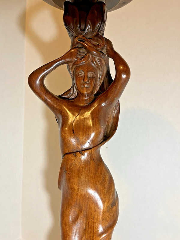 Art Nouveau Deco Figural Woman Wood Carved Pedestal Ashtray Smoking Plant Stand gallery
