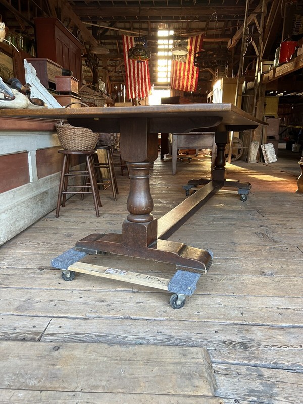 c1900 massive oak Trestle style table gorgeous patina 10’ l X 38.25” w x 29.5”h